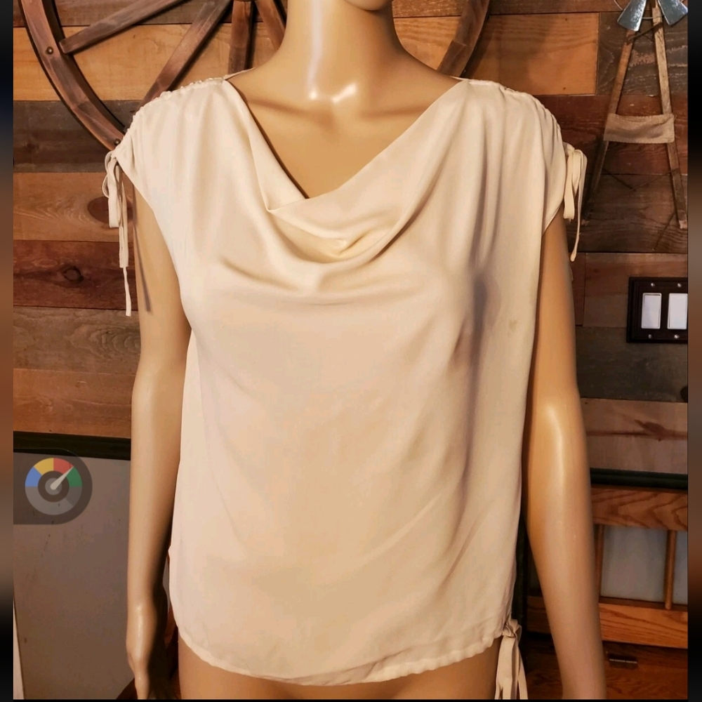 Escada Beige Silk Draped-Shoulder Sleeveless Blouse - Picture 3 of 9